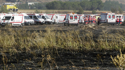 Ambulances lining up at Madrid Barajas Airport after the Spanair Crash (20 August, 2008 - c by sky.com)